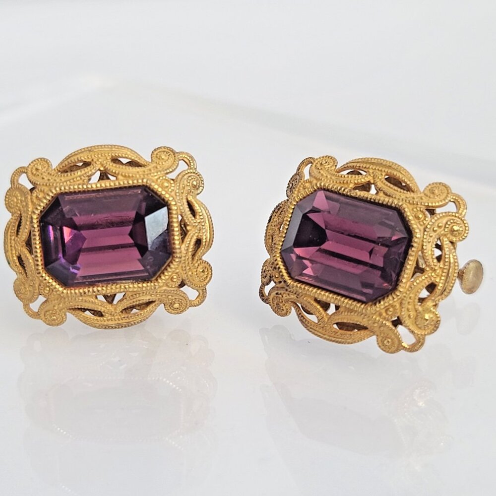 Miriam Haskell ornate filigree clip-on earrings large purple glass stones Gothic